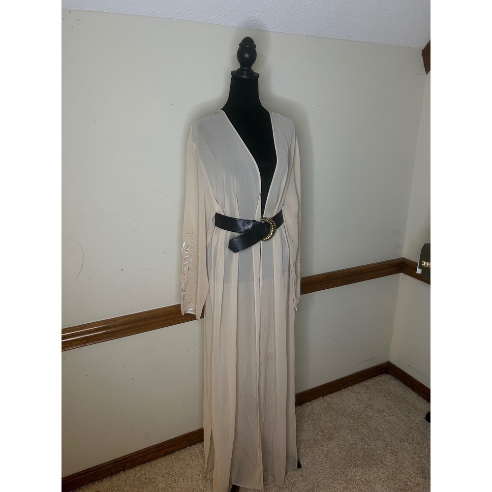 Studio I Duster Cardigan Womens 22W Beige Sheer Embroidered Maxi‎ Open Front